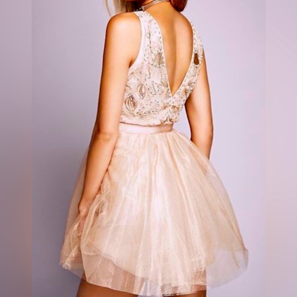 Free People Rose Gold Tulle Beaded Mini Dress